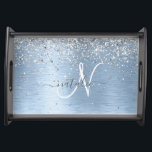 Blue Brushed Metal Silver Glitter Monogram Name Serving Tray<br><div class="desc">Easily personalise this trendy chic serving tray design featuring pretty silver sparkling glitter on a blue brushed metallic background.</div>