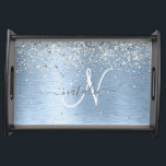 Blue Brushed Metal Silver Glitter Monogram Name Serving Tray<br><div class="desc">Easily personalise this trendy chic serving tray design featuring pretty silver sparkling glitter on a blue brushed metallic background.</div>