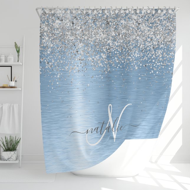 Blue Brushed Metal Silver Glitter Monogram Name Shower Curtain (Creator Uploaded)