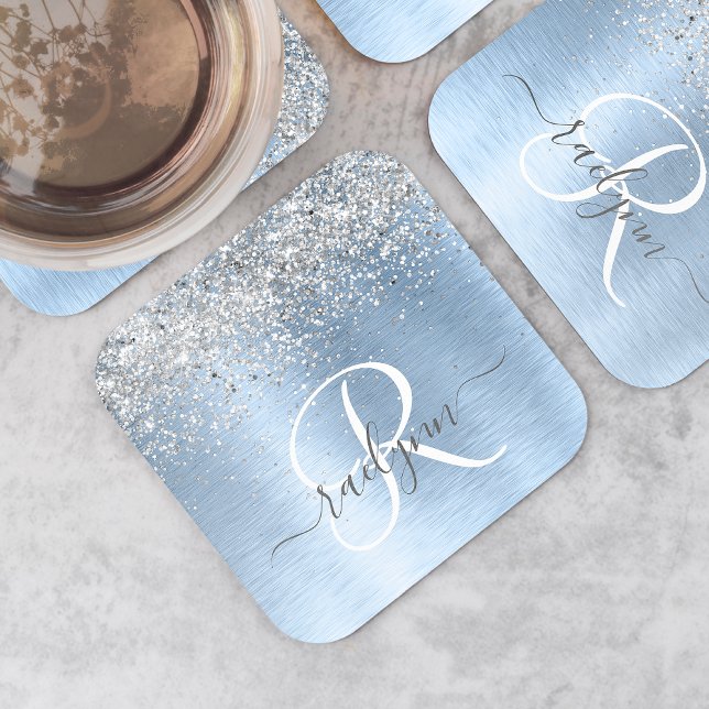 Blue Brushed Metal Silver Glitter Monogram Name Square Paper Coaster (Creator Uploaded)