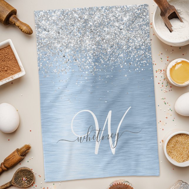 Blue Brushed Metal Silver Glitter Monogram Name Tea Towel (Creator Uploaded)