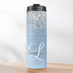 Blue Brushed Metal Silver Glitter Monogram Name Thermal Tumbler<br><div class="desc">Easily personalise this trendy chic thermal tumbler design featuring pretty silver sparkling glitter on a blue brushed metallic background.</div>