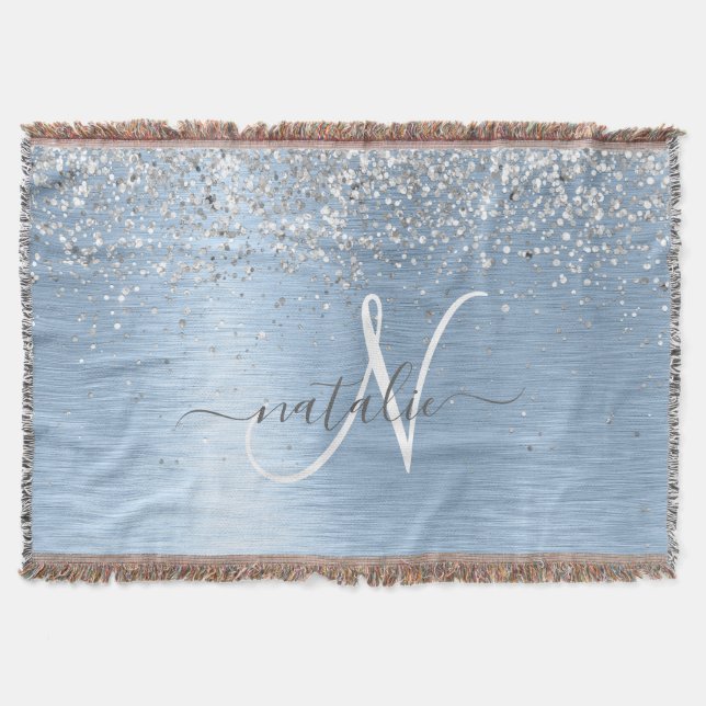 Blue Brushed Metal Silver Glitter Monogram Name Throw Blanket (Front)