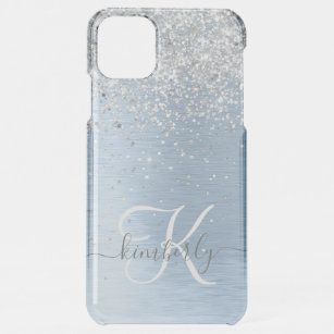 Blue Brushed Metal Silver Glitter Monogram Name iPhone 11 Pro Max Case