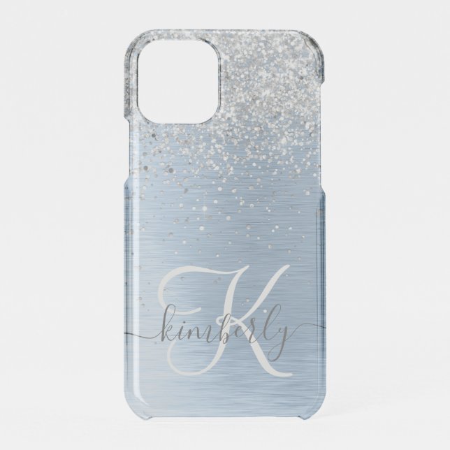 Blue Brushed Metal Silver Glitter Monogram Name Uncommon iPhone Case (Back)