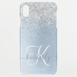 Blue Brushed Metal Silver Glitter Monogram Name iPhone XS Max Case