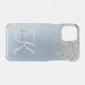 Blue Brushed Metal Silver Glitter Monogram Name Uncommon iPhone Case (Back (Horizontal))