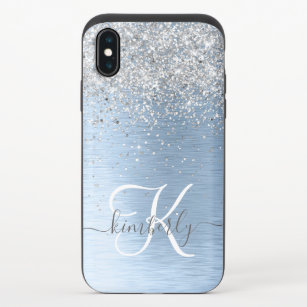 Blue Brushed Metal Silver Glitter Monogram Name iPhone X Slider Case