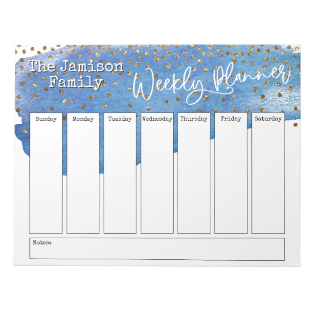 Blue Brushstroke Gold Confetti Weekly Planner Notepad (Front)