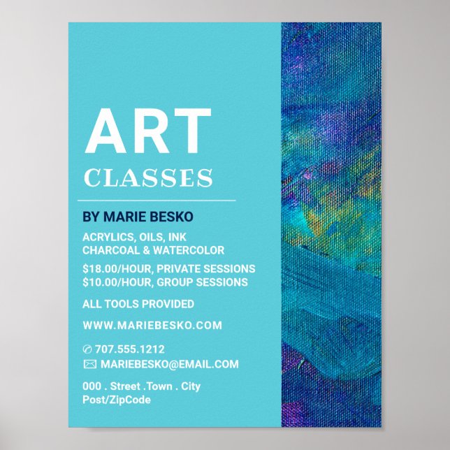 Blue Brushstrokes, Art Teacher, Art Classes Poster (Front)