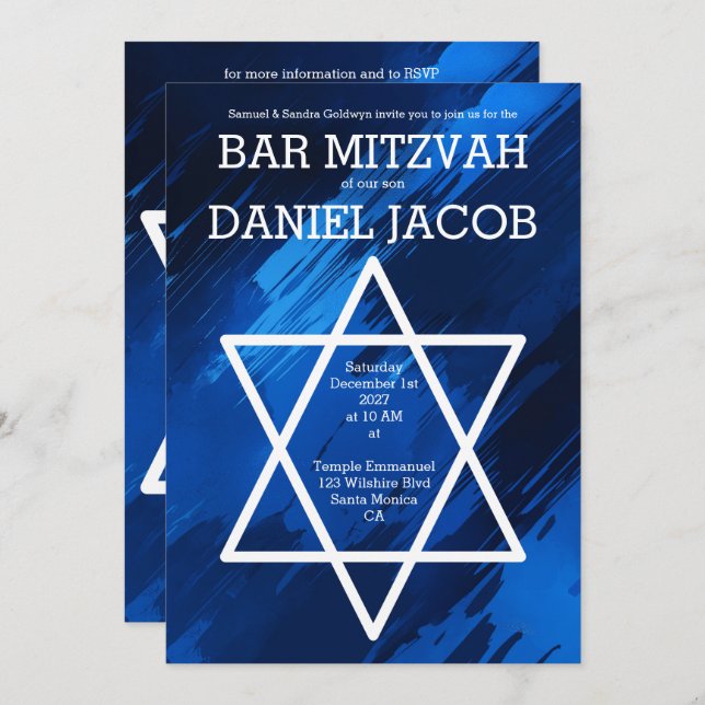 Blue Brushstrokes Star QR Custom BAR BAT MITZVAH  Invitation (Front/Back)