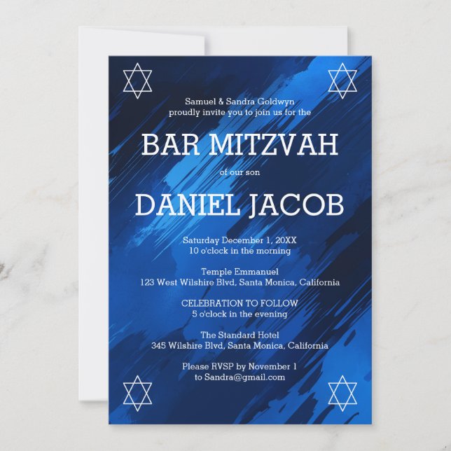 Blue Brushstrokes Stars Custom BAR BAT MITZVAH  Invitation (Front)