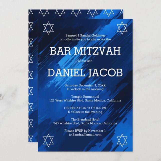 Blue Brushstrokes Stars Custom BAR BAT MITZVAH  Invitation (Front/Back)