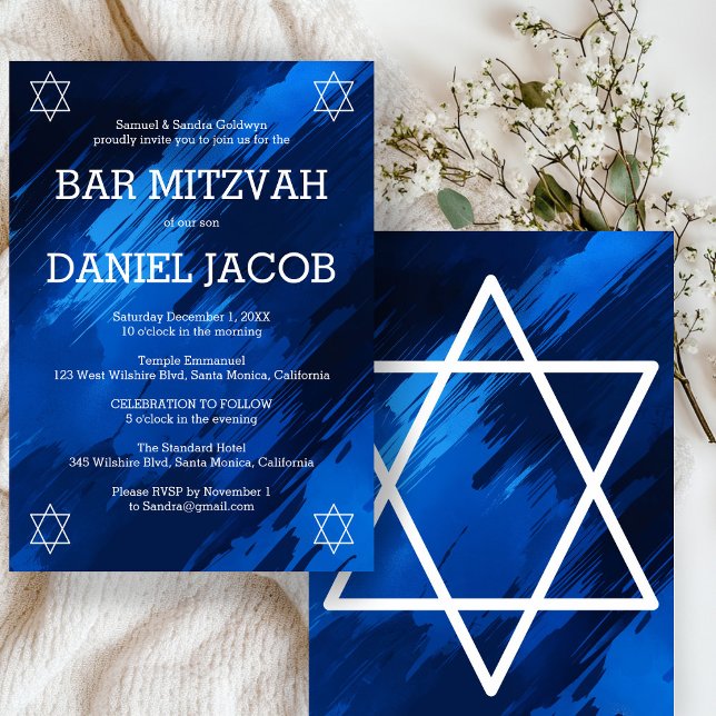 Blue Brushstrokes Stars Custom BAR BAT MITZVAH  Invitation (Blue Brushstrokes Stars Custom BAR BAT MITZVAH Invitation
)