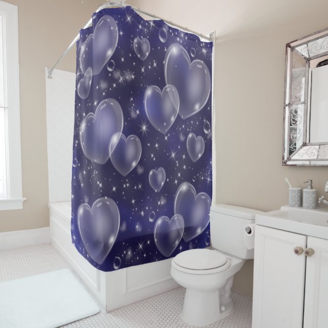 Blue Bubble Hearts Cute Girly 90's Style Shower Curtain (In Situ)