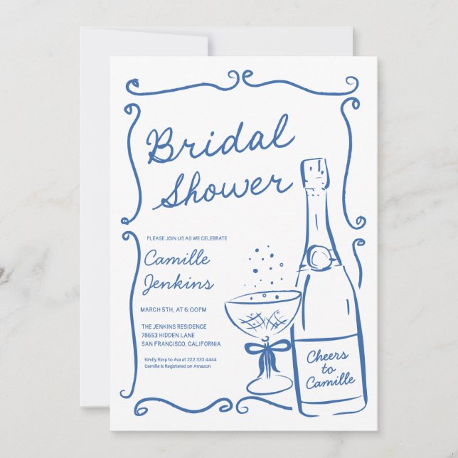 Blue Bubbly Bridal Shower Champagne Brunch Invite (Front)