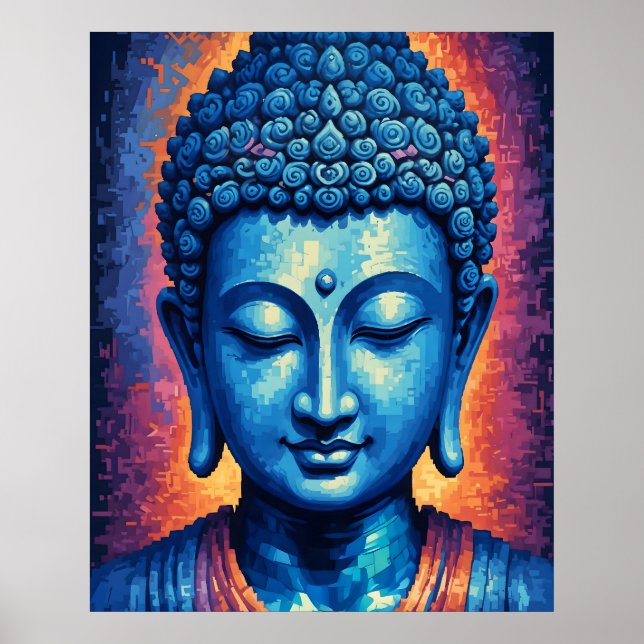Blue Buddha Modern Abstract Pixel Art Poster (Front)