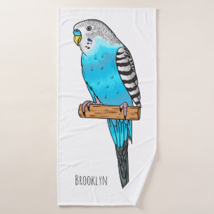 Blue budgerigar bird cartoon illustration bath towel set
