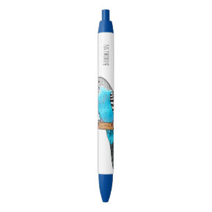 Blue budgerigar bird cartoon illustration black ink pen