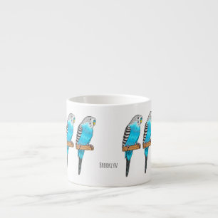 Blue budgerigar bird cartoon illustration  espresso cup