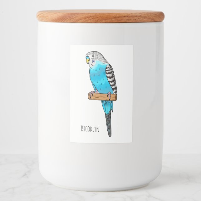 Blue budgerigar bird cartoon illustration  food label (Front)