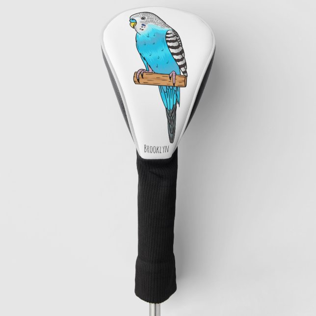 Blue budgerigar bird cartoon illustration golf head cover (Front)
