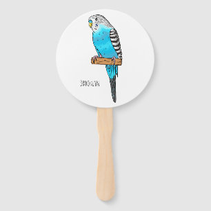 Blue budgerigar bird cartoon illustration hand fan