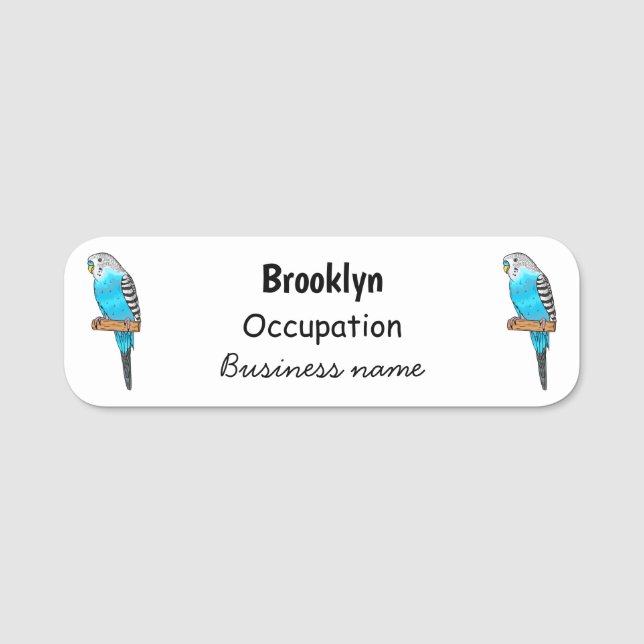 Blue budgerigar bird cartoon illustration name tag (Front)