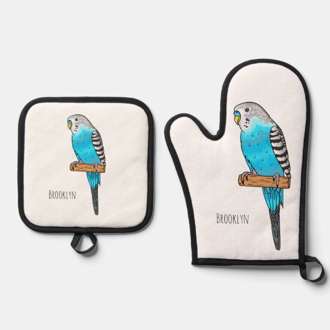 Blue budgerigar bird cartoon illustration  oven mitt & pot holder set (Front)
