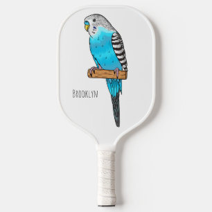 Blue budgerigar bird cartoon illustration pickleball paddle