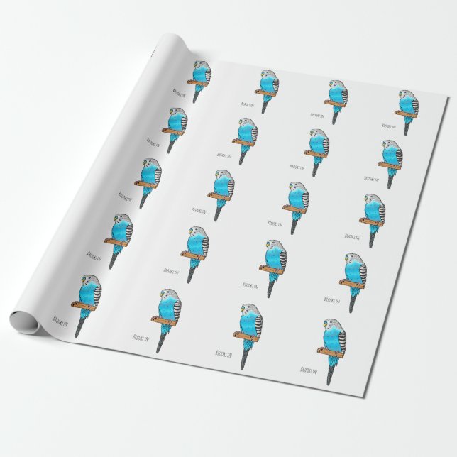 Blue budgerigar bird cartoon illustration wrapping paper (Unrolled)