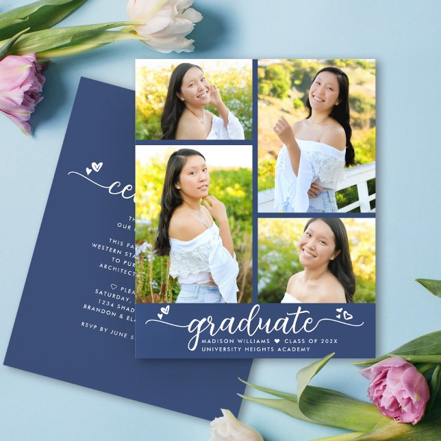 Blue Budget Graduation 4 Photo Script Invitation (Creator Uploaded)