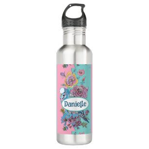 Blue Budgie Bird Rose Floral Pink Aqua Girls Name 710 Ml Water Bottle