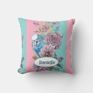 Blue Budgie Bird Rose Floral Pink Aqua Girls Name Cushion