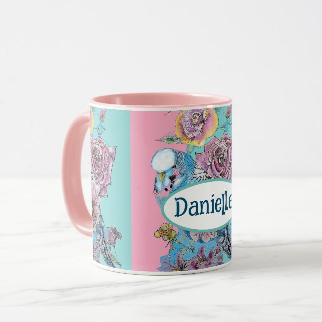 Blue Budgie Bird Rose Floral Pink Aqua Girls Name Mug (Front Left)