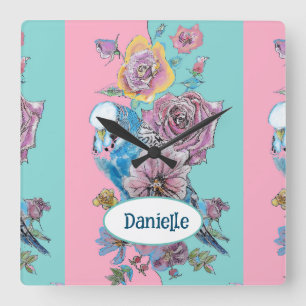 Blue Budgie Bird Rose Floral Pink Aqua Girls Name Square Wall Clock