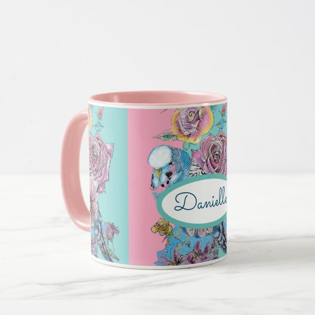 Blue Budgie Bird Rose Floral Pink Aqua Mug (Front Left)