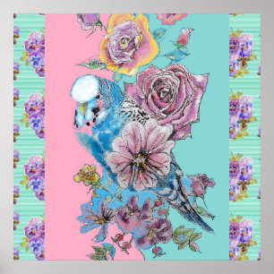 Blue Budgie Bird Rose Flower Painting Aqua Poster