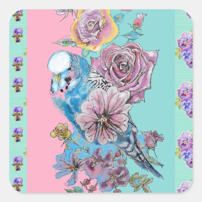 Blue Budgie Bird Rose Flower Painting Aqua Square Sticker (Front)