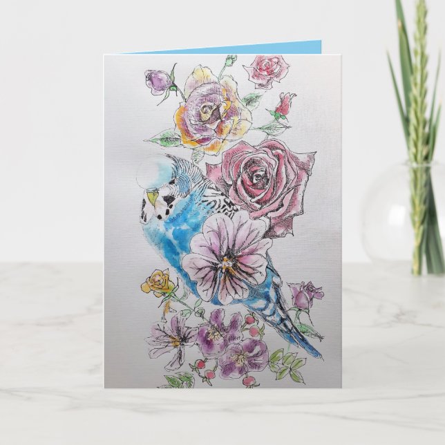 Blue Budgie Bird Rose Watercolor Birthday Card (Front)