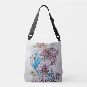 Blue Budgie Birds & Rose Watercolor Crossbody Bag