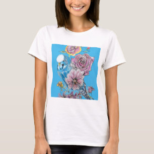 Blue Budgie Budgerigar Rose Watercolor floral art T-Shirt