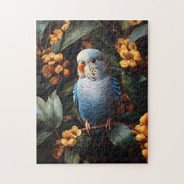 Blue Budgie Budgerigar Yellow Flowers Jigsaw Puzzle (Vertical)