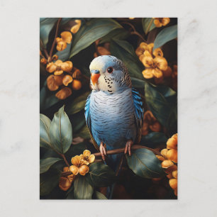 Blue Budgie Budgerigar Yellow Flowers Postcard