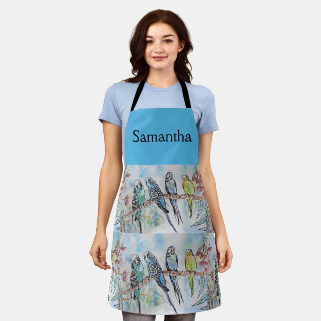 Blue Budgie Budgies Art Watercolor Birds Apron (Worn)