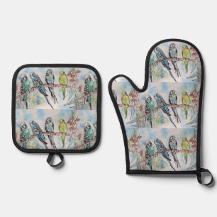 Blue Budgie Budgies Art Watercolor Birds Oven Mitt & Pot Holder Set