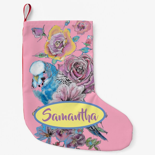 Blue Budgie Budgies Rose Floral Christmas Stocking (Front)