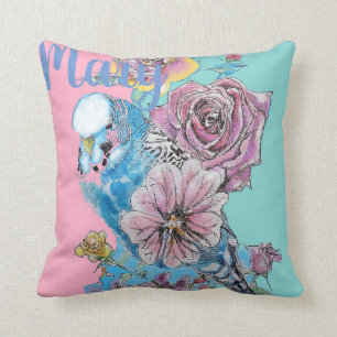 Blue Budgie Budgies Rose Flower floral Cushion