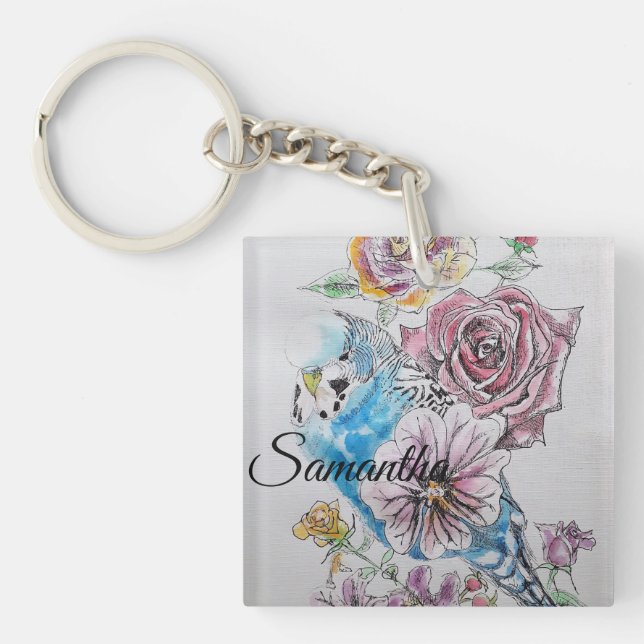 Blue Budgie Budgies Rose Flower floral Key Ring (Front)