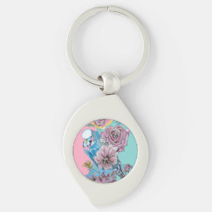 Blue Budgie Budgies Rose Flower floral Key Ring